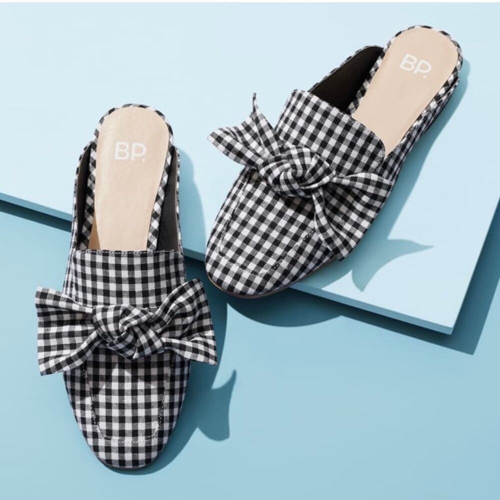 BP Maddy Black White Gingham Check Fabric Bow Accent Flat Mules Size 7.5 NIB